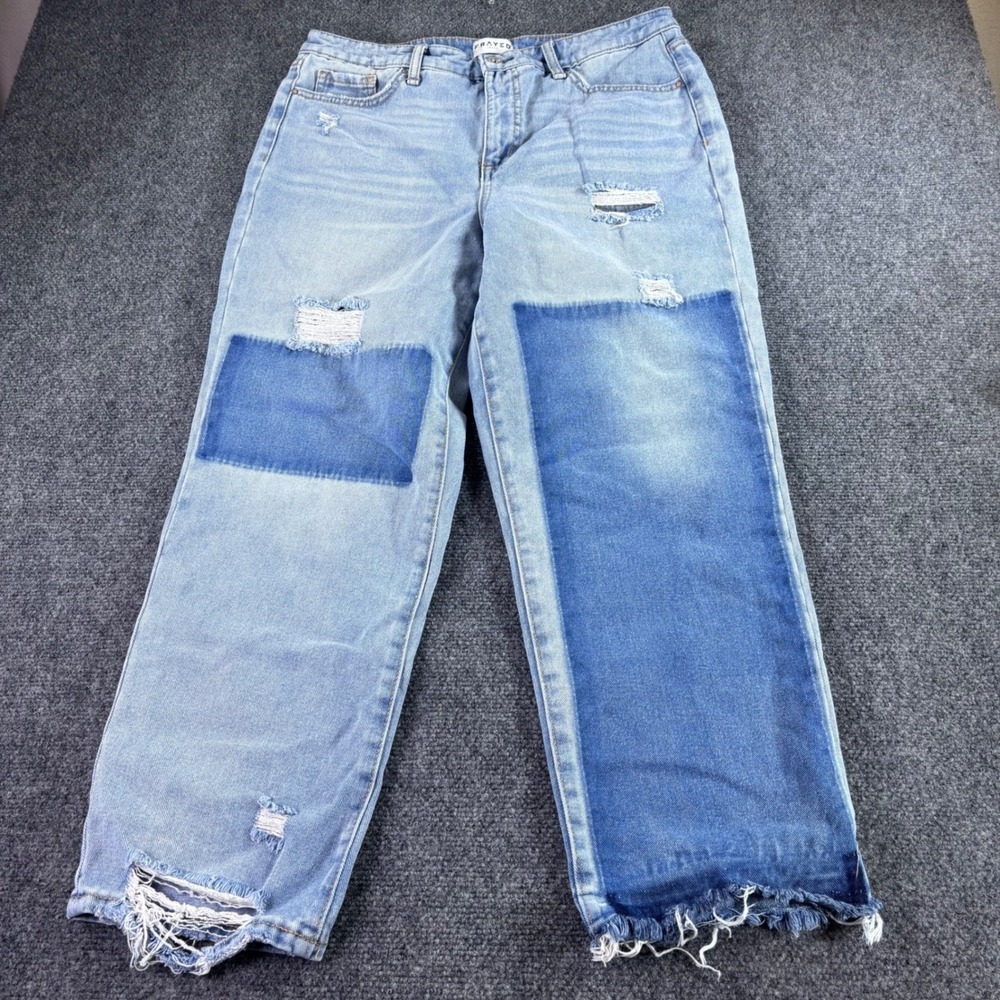 Frayed Jeans Ankle Straight Women 31 Light Wash Two Tone Distressed High Rise